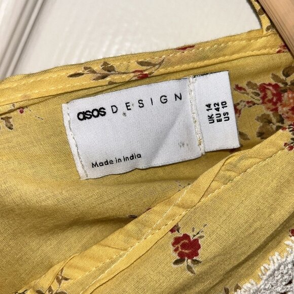 ASOS Yellow Floral Print Cottegecore Babydoll Deep V-Neck Mini Dress Size 10 - Picture 7 of 9